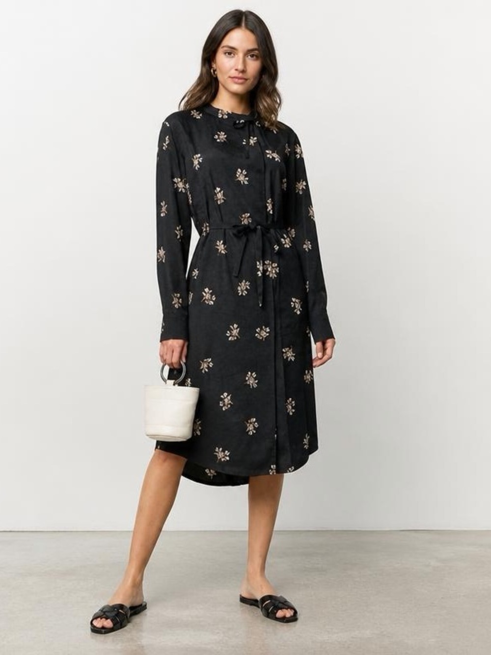 Vince Tossed Bouquet Floral Mandarin Tie Neck S Midi Dress Whimsigoth - Picture 1 of 14